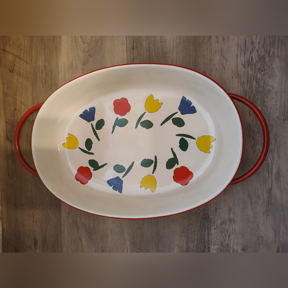 Vintage Glass Tulip Casserole Dish With Red Metal Carrier Oval Floral Bakeware